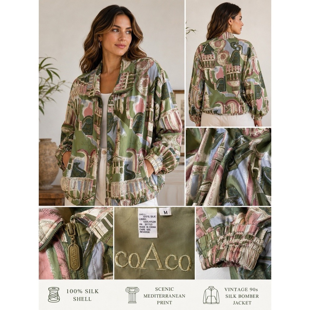 Vintage CoAco 100% Silk Bomber Jacket M Scenic Mediterranean Print Art To Wear